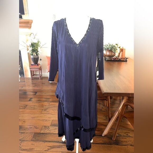 KOMAROV Midnight Lagenlook Bead Trim V-Neck Tiered Chiffon NWT Fit & Flare XL - Picture 2 of 11